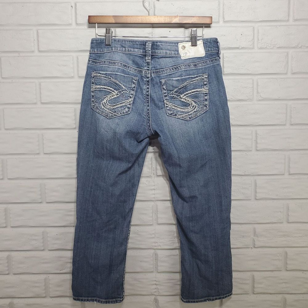 Silver Aiko Capri Jeans Women's 27 30x22 Blue Medium Wash‎ Embroidered Pockets